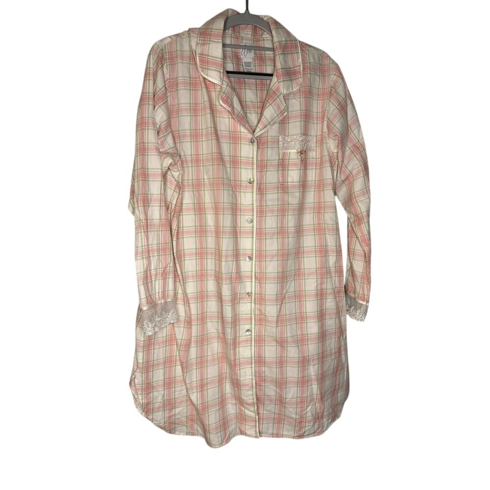 Aria pink plaid nightshirt lace cuffs‎ sleep shirt button down